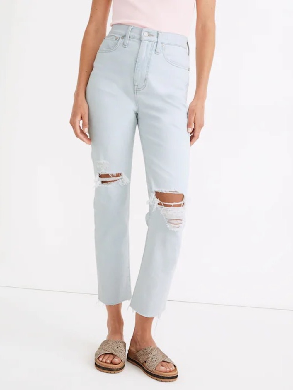 Madewell The Momjean Harman Wash Raw Hem Jeans 27 Pale Light Ripped Distressed